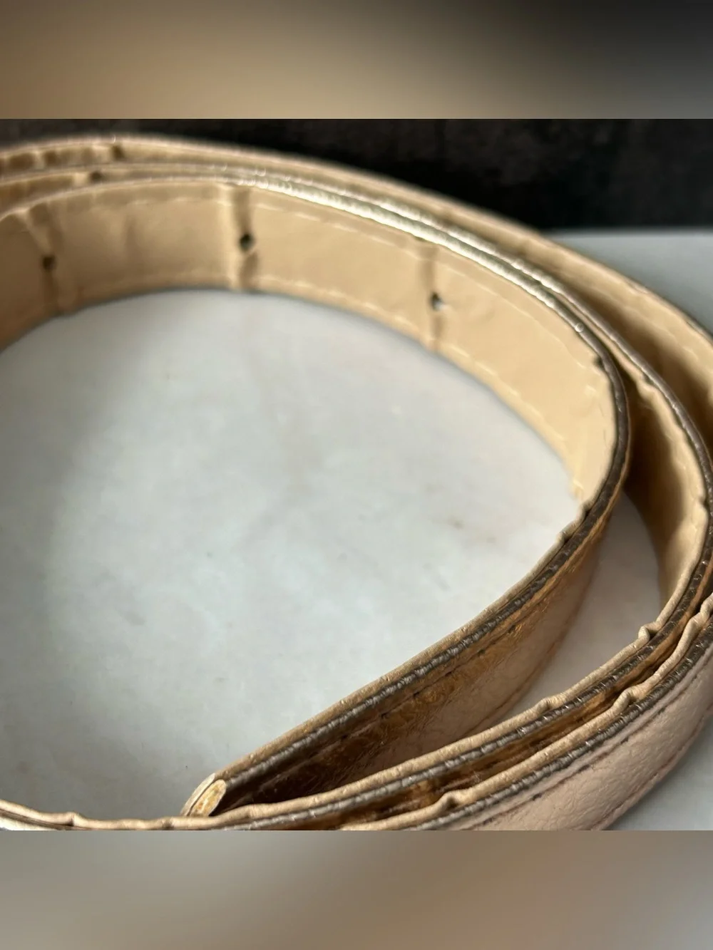 Metallic Rose Gold Slim Leather Belt with Silver Buckle